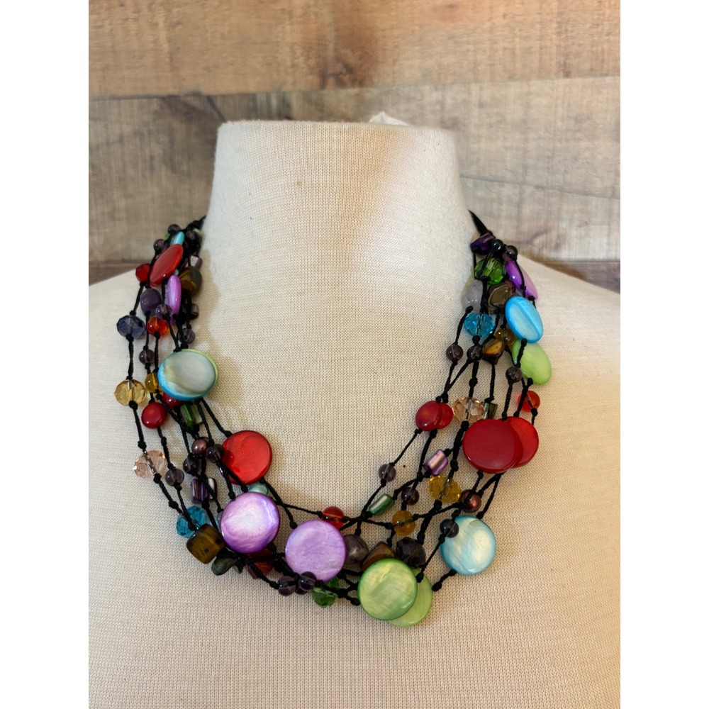 Multicolor Multi-Strand Shell Disc & Glass Bead Statement Necklace